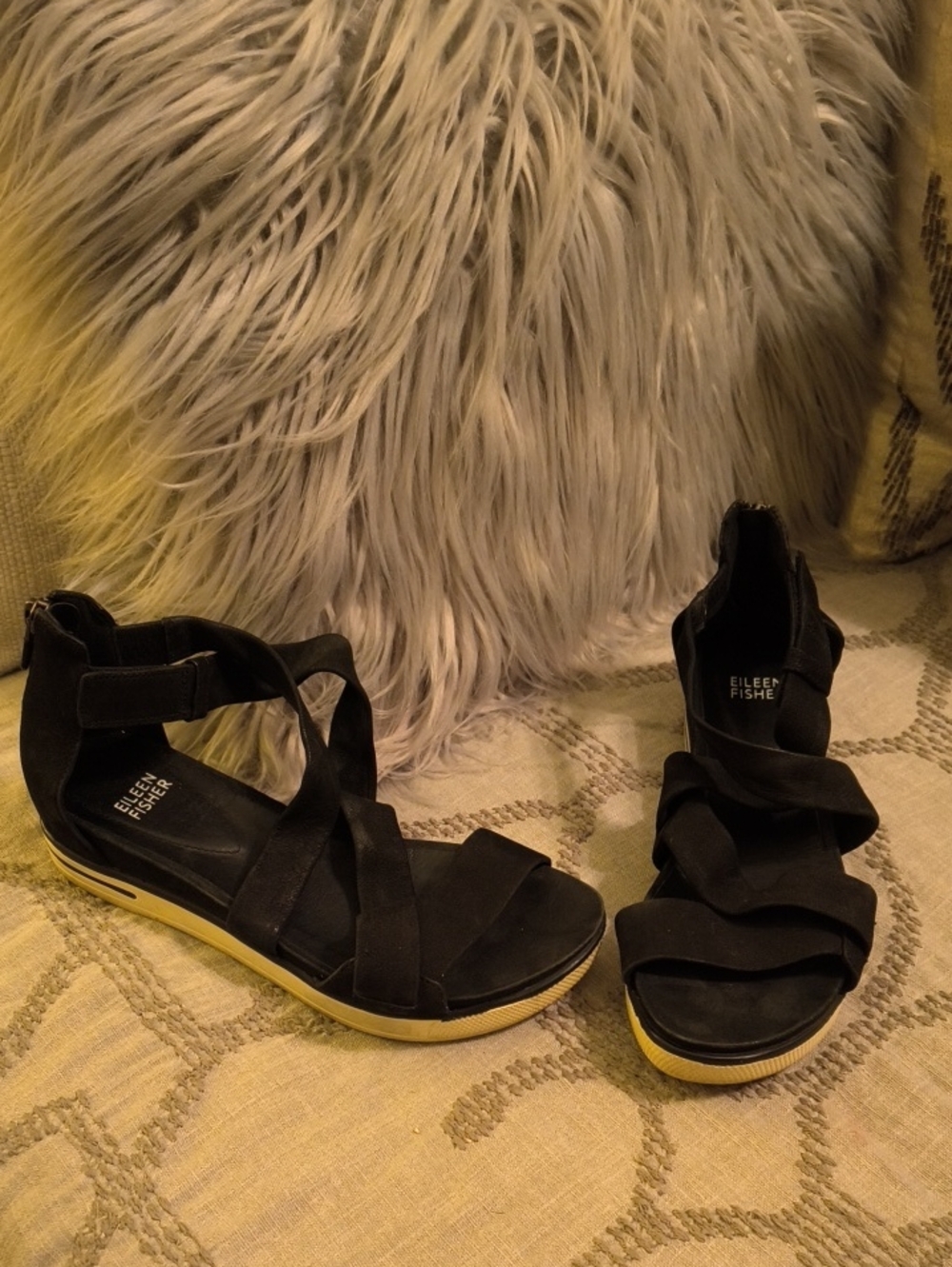 Eileen Fisher Black Suede Strap Platform Sandals with Yellow Trim